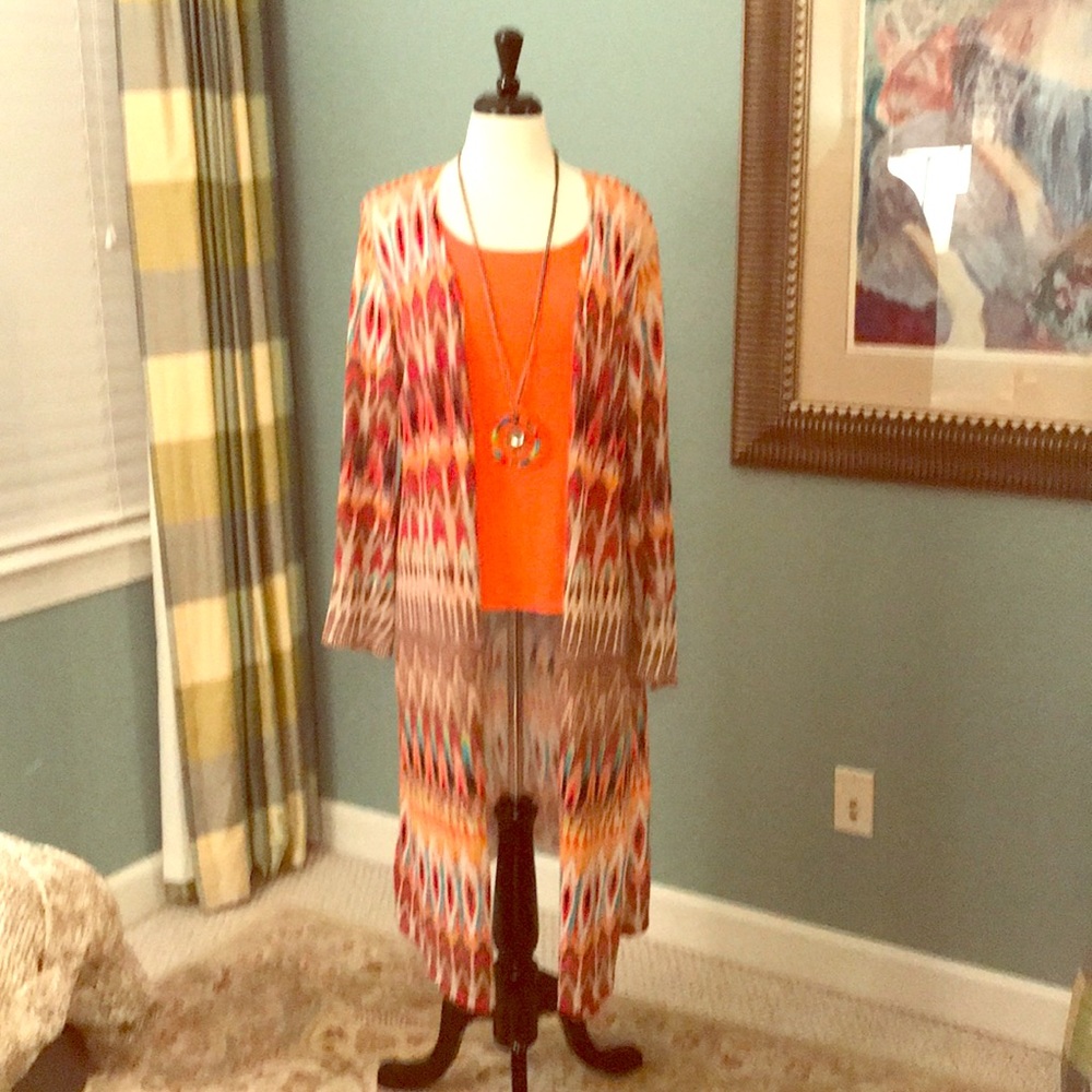 CHICO’S PEACOCK PRINT LONG SWEATER